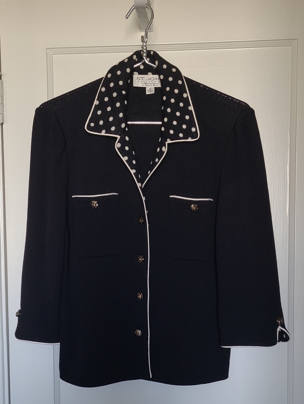 St. John Black Knit Jacket with White Polka Dot Collar